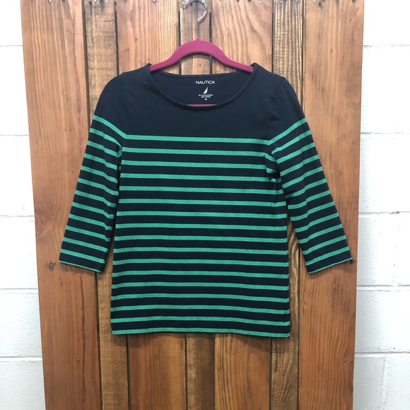 Nautica size medium green and navy striped top - Picture 3 of 8